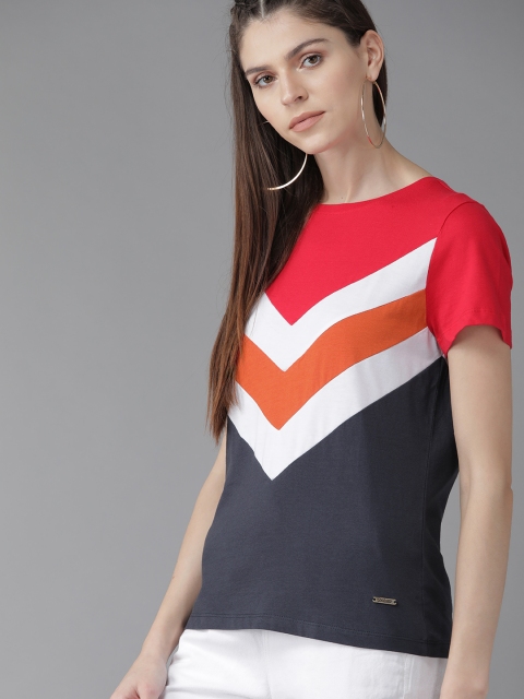 

Roadster Women Navy Blue & Red Striped Round Neck T-shirt