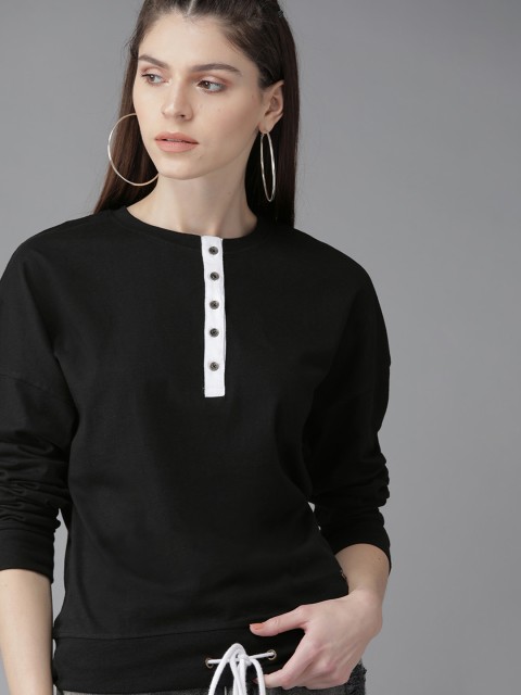 

Roadster Women Black Solid Henley Neck T-shirt