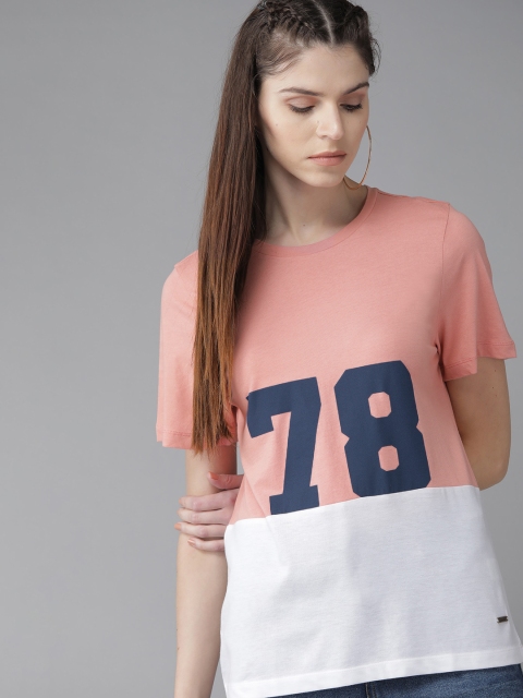 

Roadster Women Pink & White Printed Round Neck T-shirt