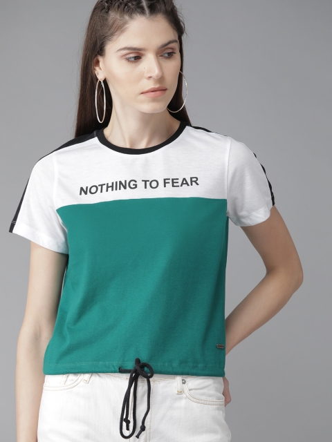 Roadster Women Green & White Colourblocked Round Neck T-shirt
