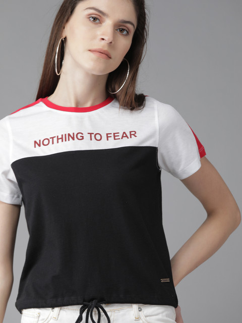

Roadster Women Black & White Colourblocked Round Neck T-shirt