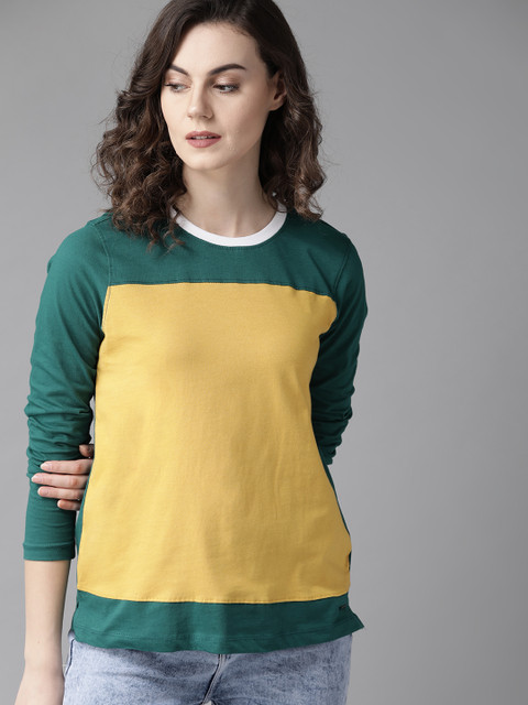 

Roadster Women Mustard Yellow Green Colourblocked Round Neck Pure Cotton T-shirt