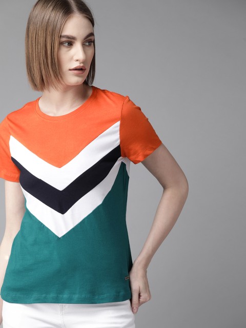 

Roadster Women Orange & Green Striped Round Neck T-shirt