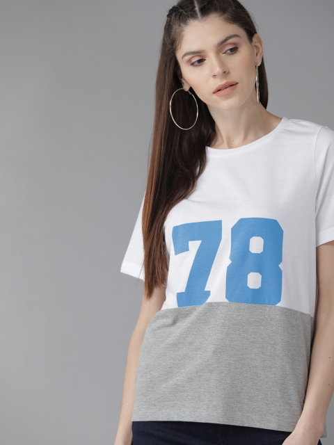 

Roadster Women White & Grey Melange Printed Round Neck T-shirt