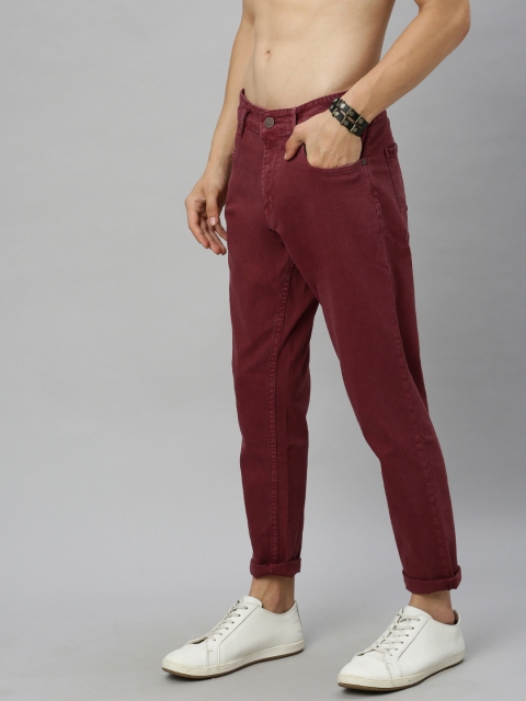 

HERE&NOW Men Maroon Slim Tapered Fit Mid-Rise Clean Look Stretchable Cropped Jeans