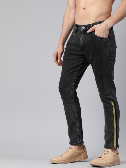 

HERE&NOW Men Black Ankle Slim Fit Mid-Rise Clean Look Stretchable Jeans With Side Stripes