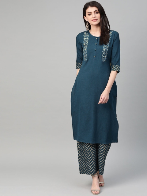 

Yufta Women Teal Blue & Golden Yoke Design Kurta with Palazzos