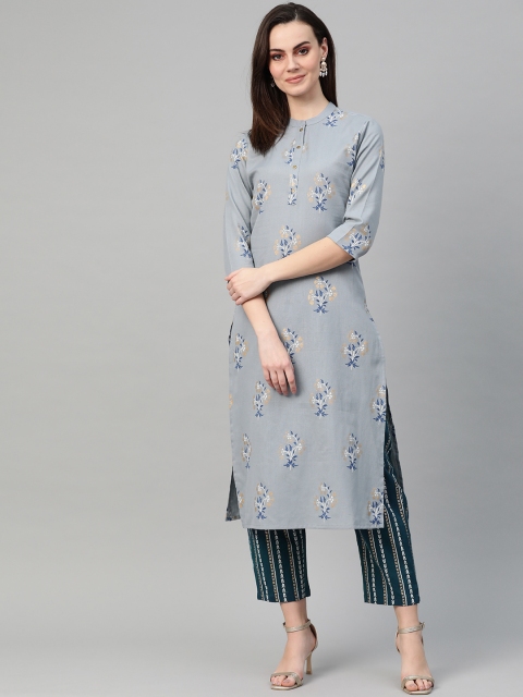 

Yufta Women Grey & Teal Blue Printed Kurta with Palazzos