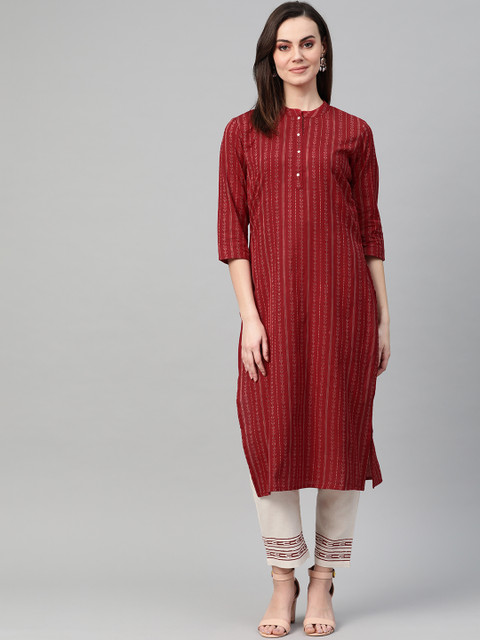 

Yufta Women Maroon & Off-White Dobby Self-Striped Kurta with Palazzos