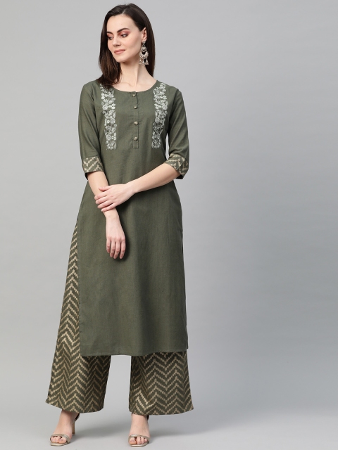 

Yufta Women Olive Green & Golden Yoke Design Kurta with Palazzos