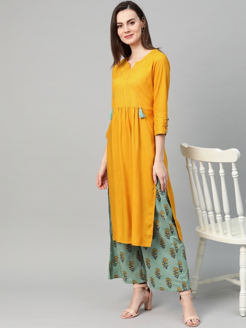 

Yufta Women Mustard Yellow & Green Yoke Design Kurta with Palazzos