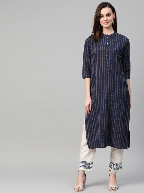 

Yufta Women Navy Blue & Off-White Striped Kurta with Palazzos