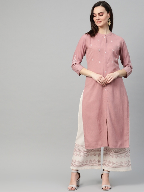 

Yufta Women Dusty Pink & Off-White Embroidered Kurta with Palazzos