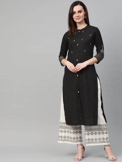 

Yufta Women Black & Off-White Embroidered Kurta with Palazzos