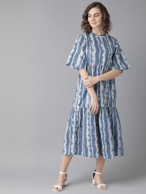 

Indo Era Women Blue & White Dyed Tiered A-Line Dress