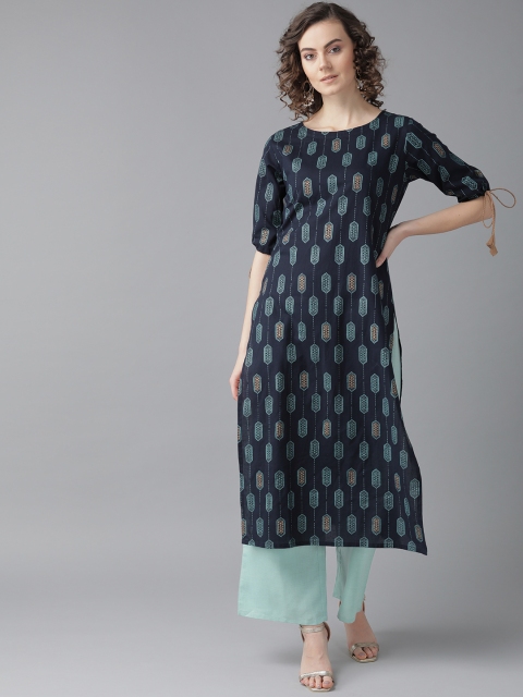 

Indo Era Women Navy Blue & Sea Green Foil Printed Kurta with Palazzos