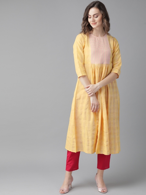 

Indo Era Women Yellow & Pink Checked Kurta with Trousers