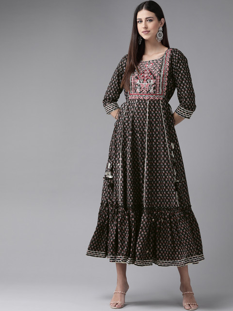 

Indo Era Maroon & Black Floral Maxi Dress