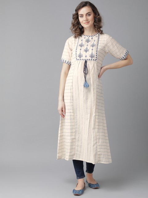 

Indo Era Women Cream-Coloured & Blue Striped A-Line Kurta