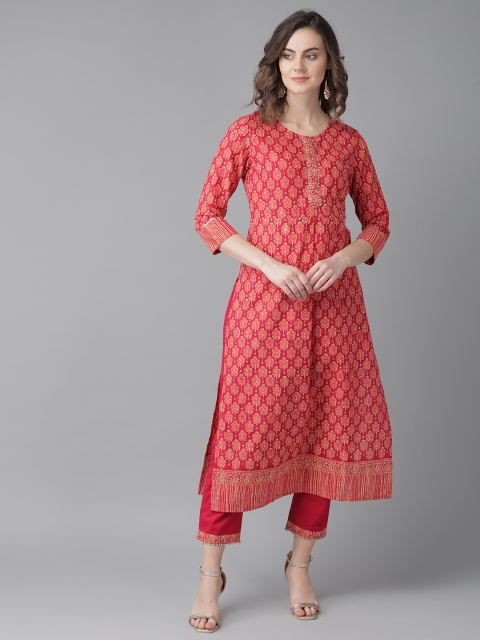 

Indo Era Women Peach-Coloured & Pink Printed Kurta with Trousers