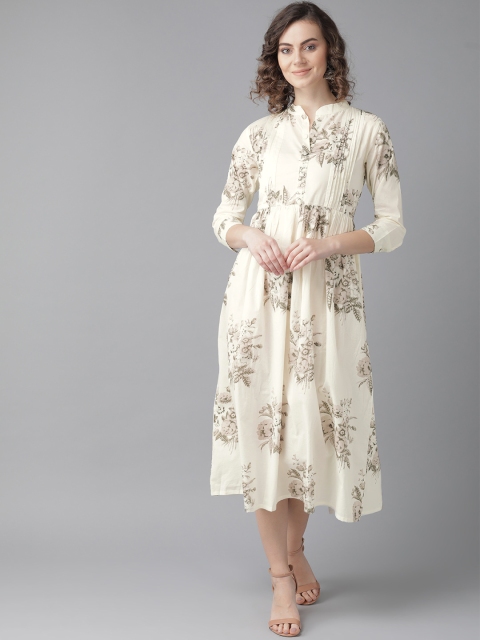 

Indo Era Women Off-White & Taupe Printed A-Line Dress