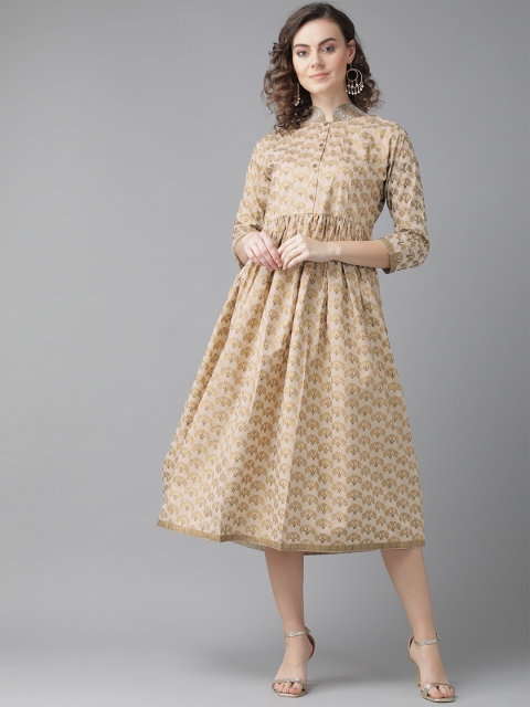 

Indo Era Women Beige & Golden Printed A-Line Dress