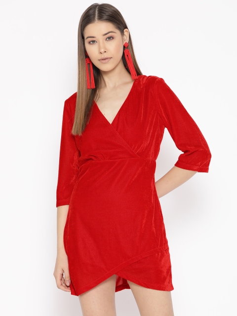 

DODO & MOA Women Red Solid Velvet Finish Mini Wrap Dress
