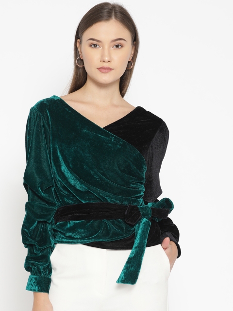 

DODO & MOA Women Green & Black Velvet Finish Colourblocked Wrap Top
