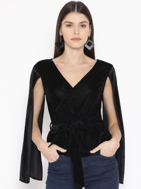 

DODO & MOA Women Black Velvet Finish Wrap Solid Top