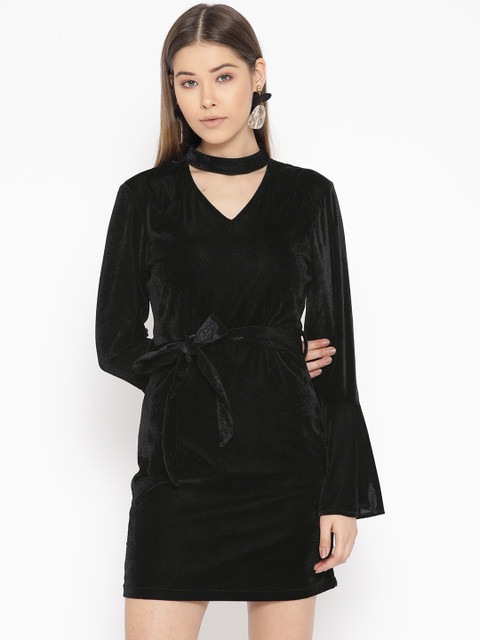 

DODO & MOA Women Black Velvet Finish A-Line Dress