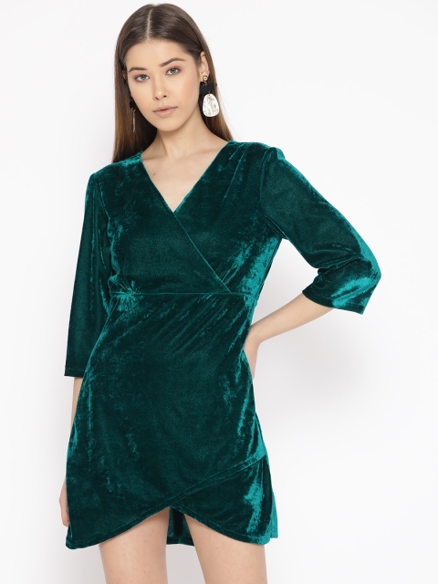 

DODO & MOA Women Green Solid Velvet Finish Mini Wrap Dress