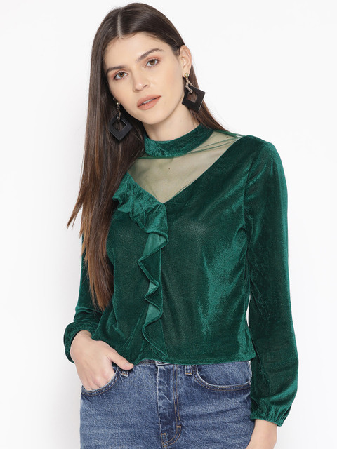 

DODO & MOA Women Green Velvet Finish Solid Top