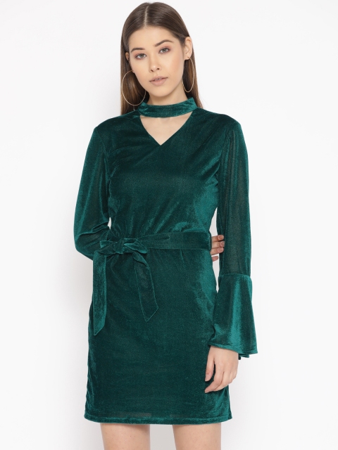 

DODO & MOA Women Green Solid Velvet Finish Mini Wrap Dress