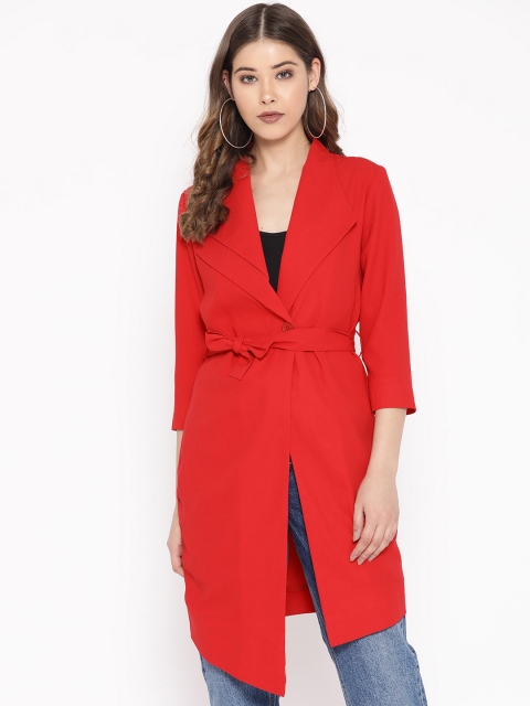 

DODO & MOA Women Red Solid Longline Blazer with Belt
