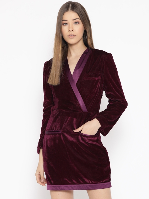 

DODO & MOA Women Burgundy Solid Velvet Finish Mini Wrap Dress