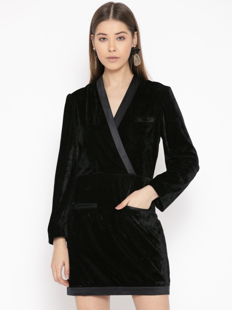 

DODO & MOA Women Black Solid Velvet Finish Mini Wrap Dress