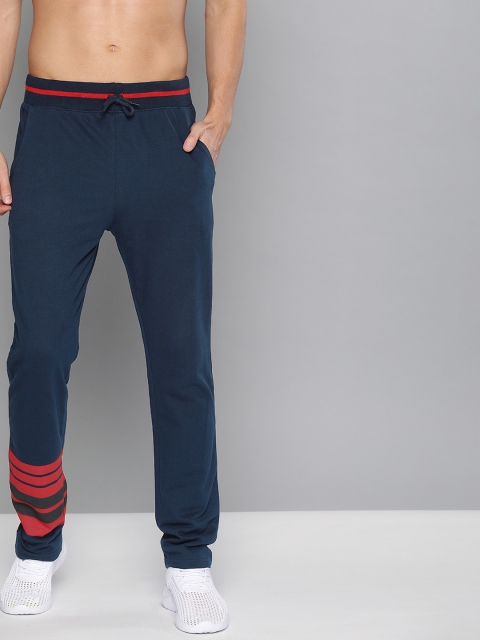 

HERE&NOW Men Navy Blue Solid Straight Fit Track Pants with Printed Detailing