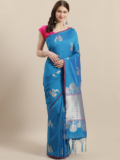 

Mitera Blue & Silver Brocade Woven Design Baluchari Saree