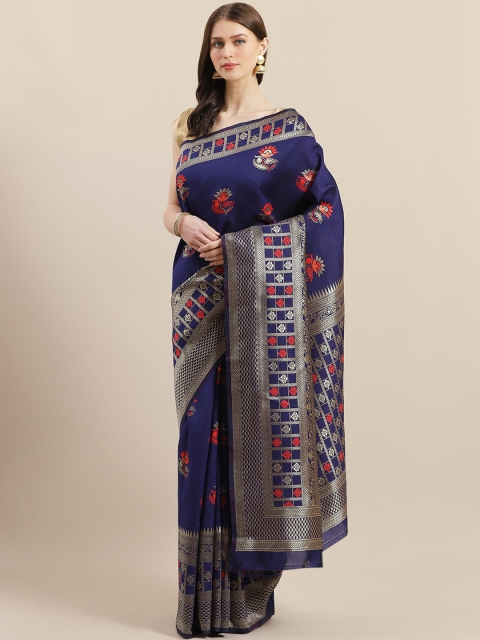 

Mitera Navy Blue & Red Zari Woven Design Saree
