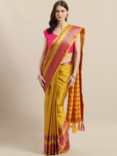 

Mitera Mustard Yellow & Pink Solid Saree