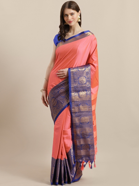 

Mitera Pink & Blue Zari Woven Solid Saree