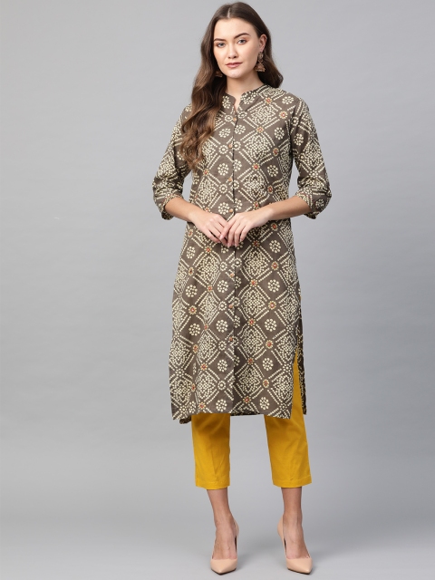 

Sringam Women Grey & Mustard Yellow Bandhani Print Kurta with Trousers