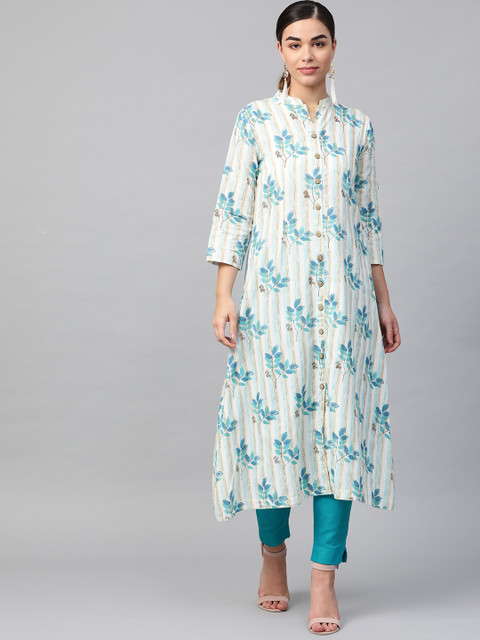 

Sringam Women Off-White & Blue Printed Kurta with Trousers