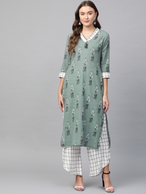 

Sringam Women Green & White Printed Kurta with Palazzos