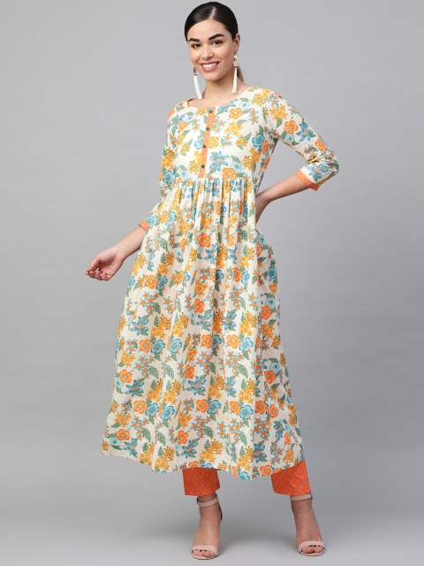 

Sringam Women Off-White & Orange Printed Kurta with Trousers