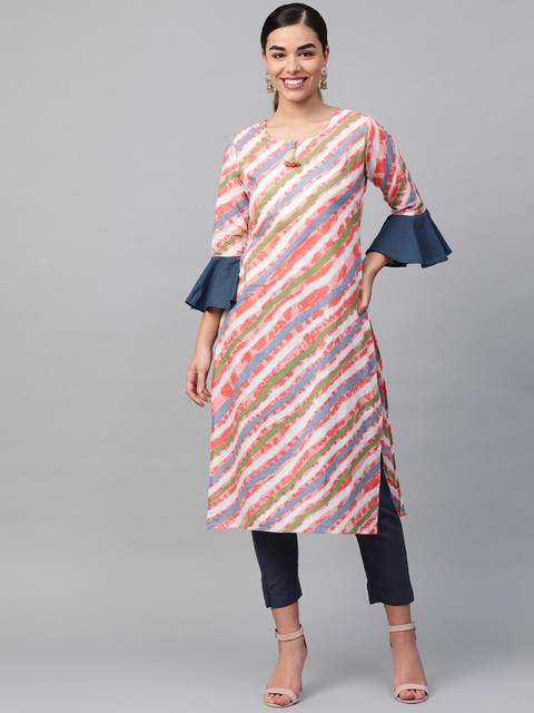 

Sringam Women Peach-Coloured & Navy Blue Leheriya Print Kurta with Trousers