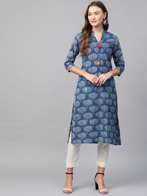 Women Blue & White Printed Kurta with Trousers