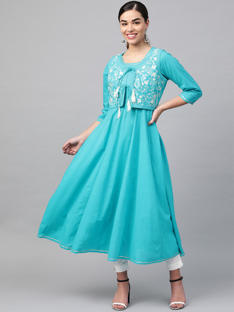 

Sringam Women Blue Solid Anarkali Kurta with Ethnic Jacket