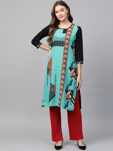 

Sringam Women Green & Rust Orange Printed Straight Kurta