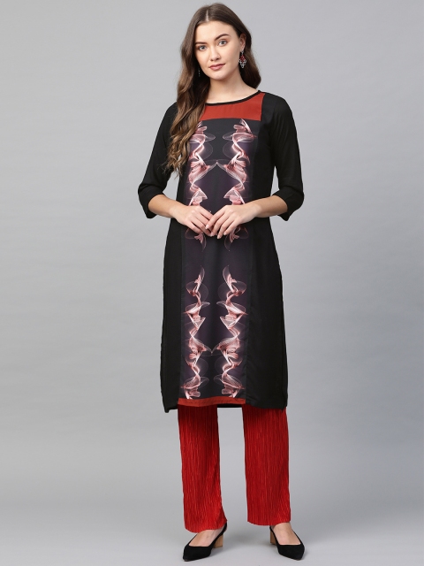

Sringam Women Black & Peach-Coloured Printed Straight Kurta
